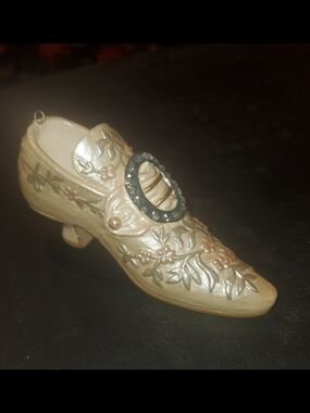Vintage Mini Victorian Floral Embossed  Heeled Shoe with Decorative Buckle Decor